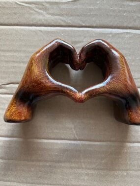Handmade Wooden Heart Hands Sculpture - Brown Finish